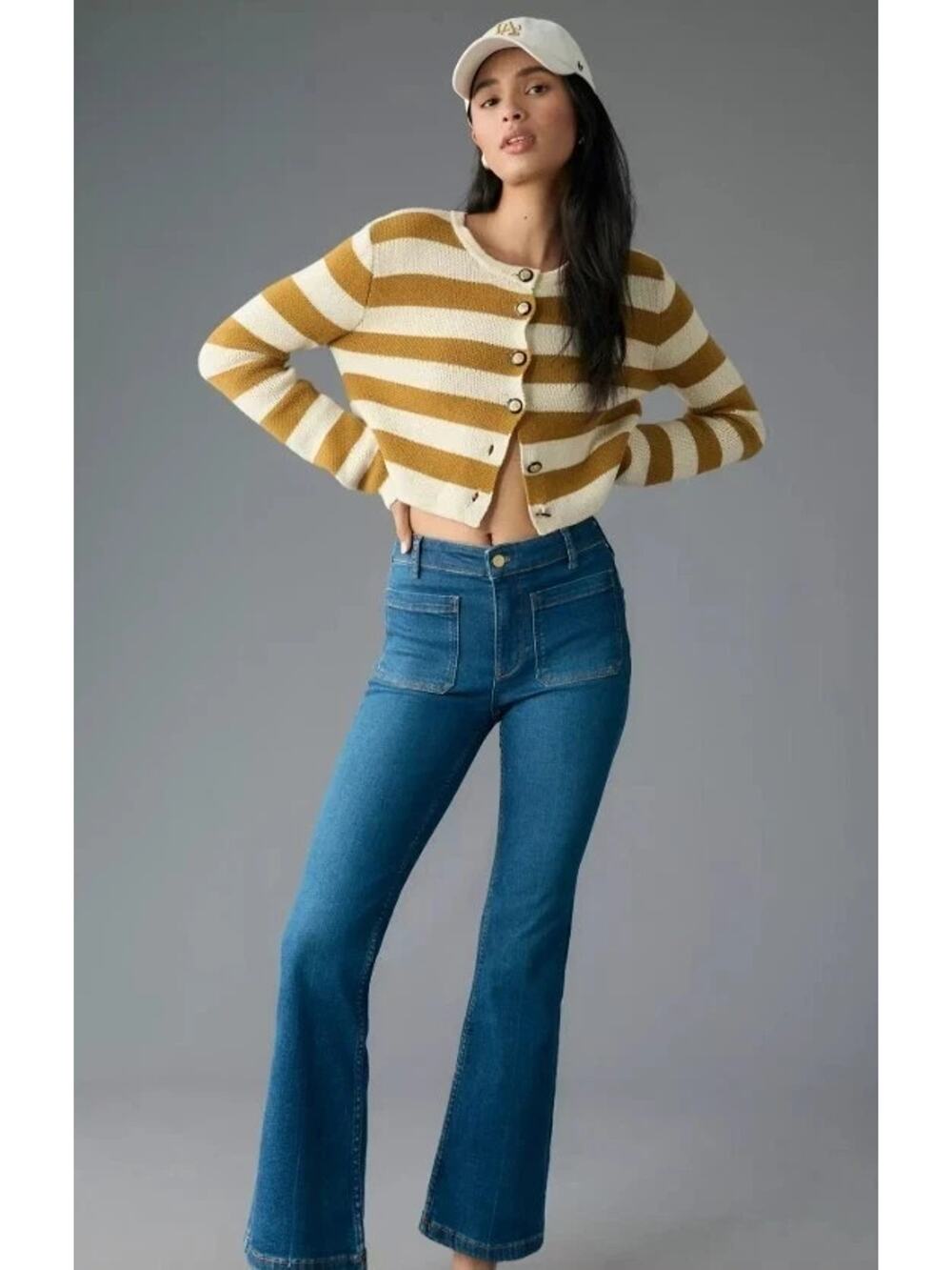Pilcro Yaya Patch Flare Jeans Women 30 M Blue Stretch Boho Aesthetic